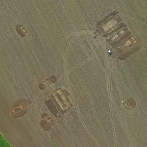 The three trenches (top right) are across the main villa. The biggest of the cluster of excavations (bottom left) is the secondary building/villa.