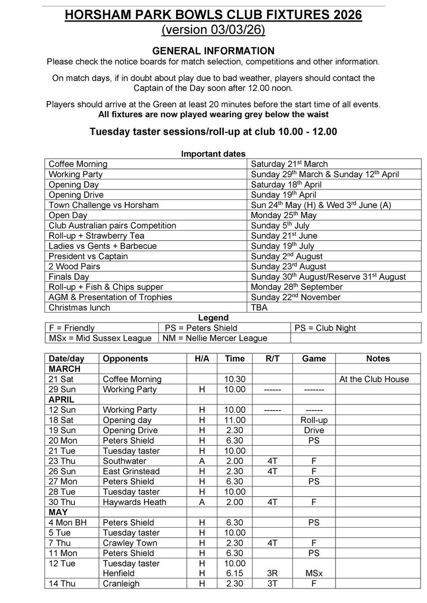 Horsham Park Bowls Club FIxture 2025