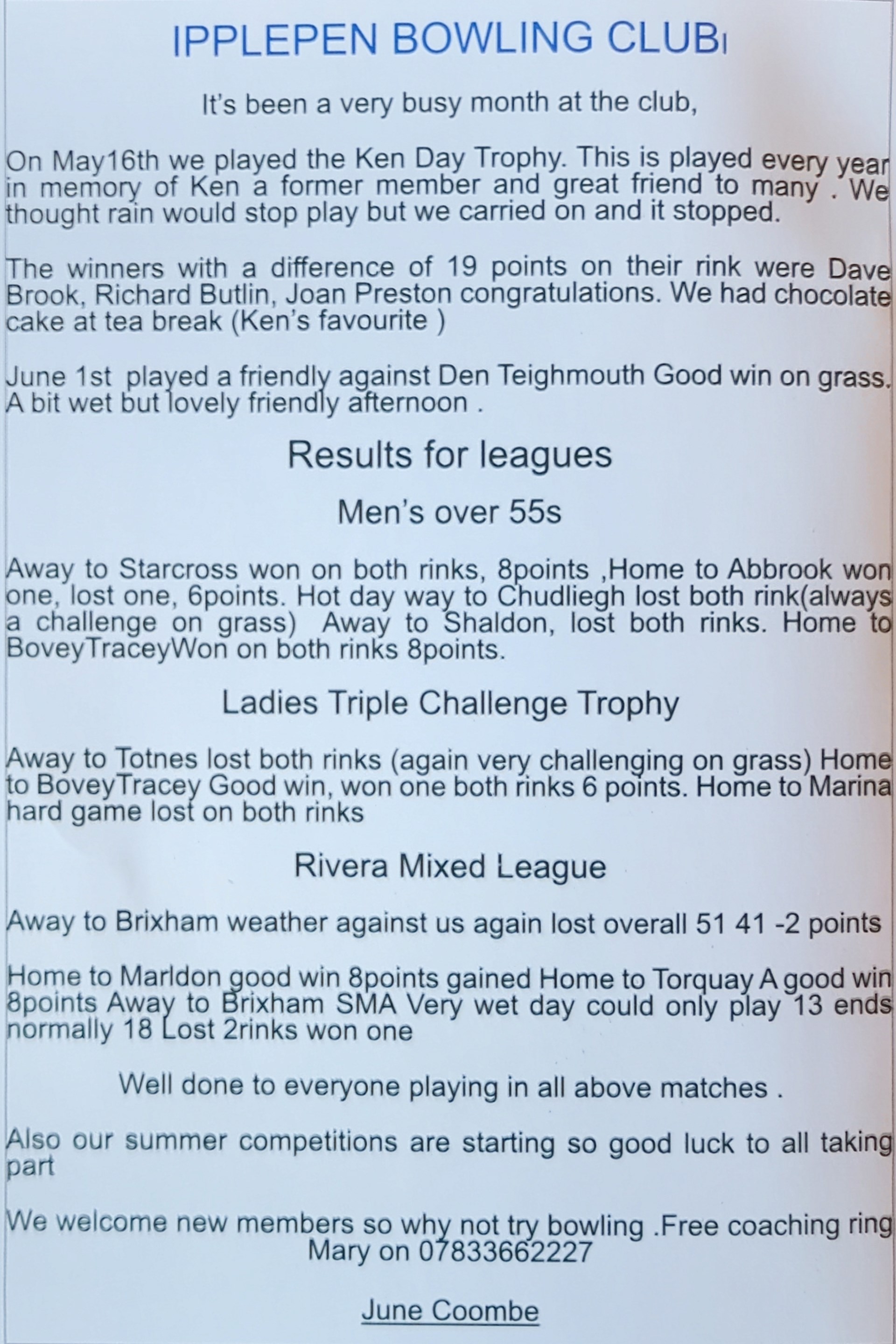 Ipplepen Bowling Club Ipplepen Village Magazine Articles