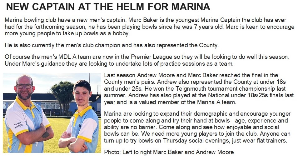 Marina Bowling Club Dawlish 2025 Press Items