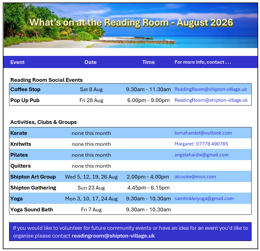 Shipton Village Reading Room August 2026 . . .