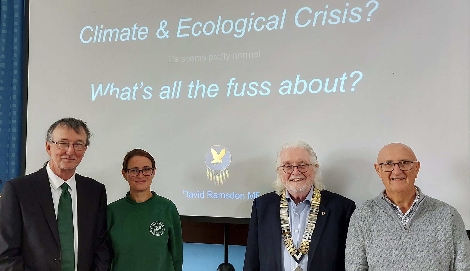 L to R: Speaker David Ramsden MBE and Head of Conservation Barn Owl Trust Natalie Mostart with Chairman  Keith Underhill and Speaker Finder Chris Inch