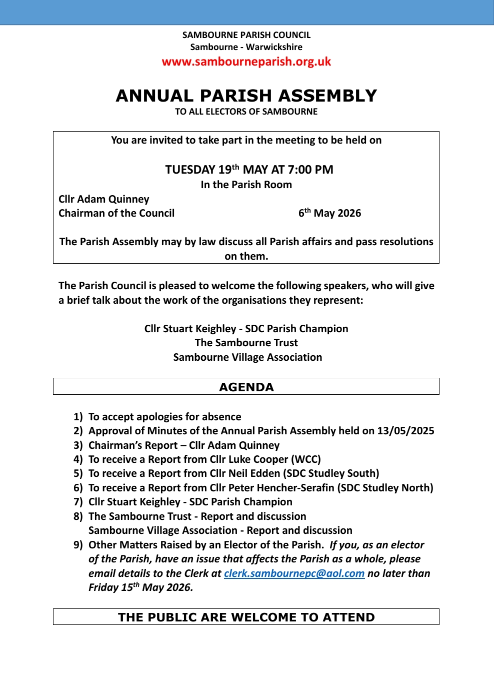 Sambourne Parish Council Annual Parish Assembly