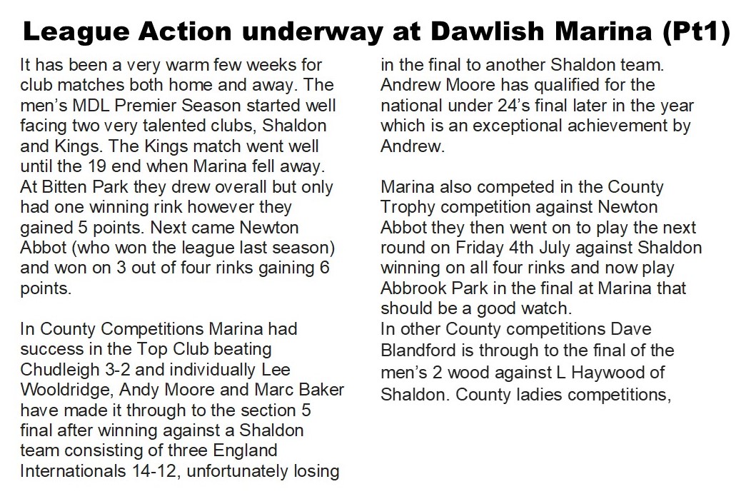 Marina Bowling Club Dawlish 2025 Press Items (July...)