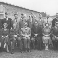 Trench Boys’ Modern School Staff in 1956. Amongst the faces are Headteacher Harold Fletcher, Sir John Hunt and Reverend G. Smith.
