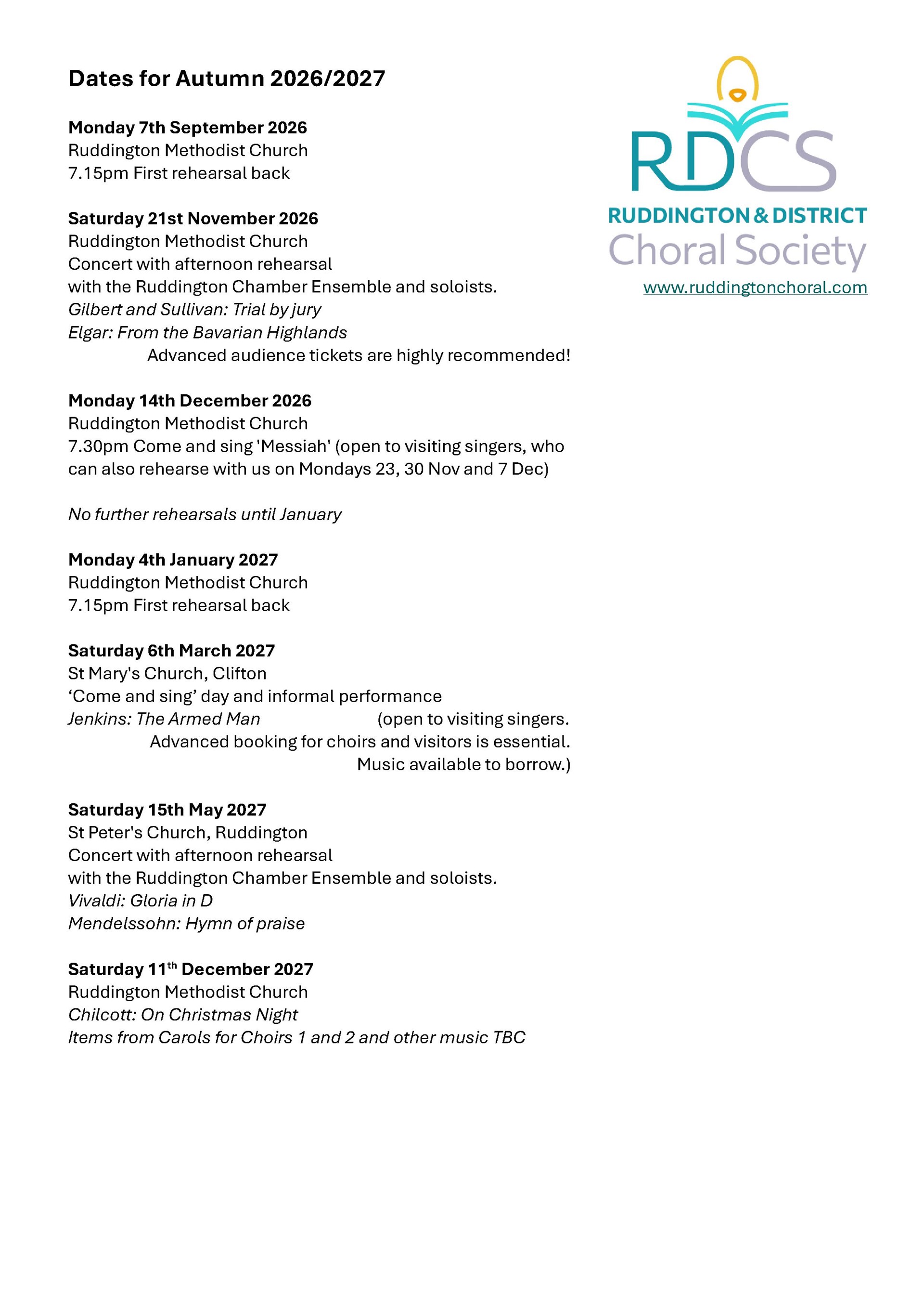 Ruddington and District Choral Society Members' information