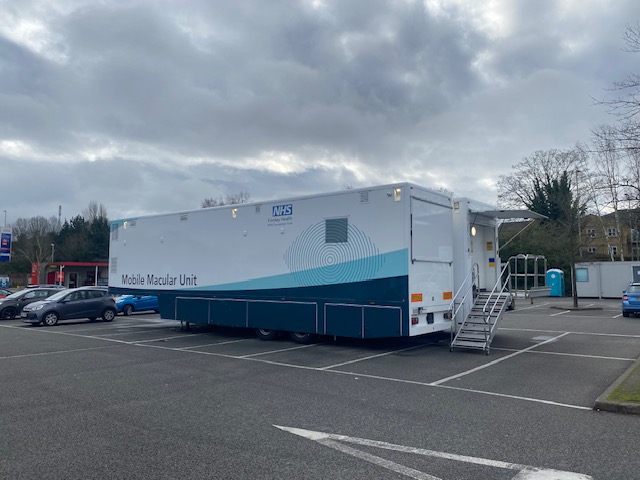 The Mobile Macular Unit (commonly called the 'Eye Van') in Tesco's car park in Aldershot