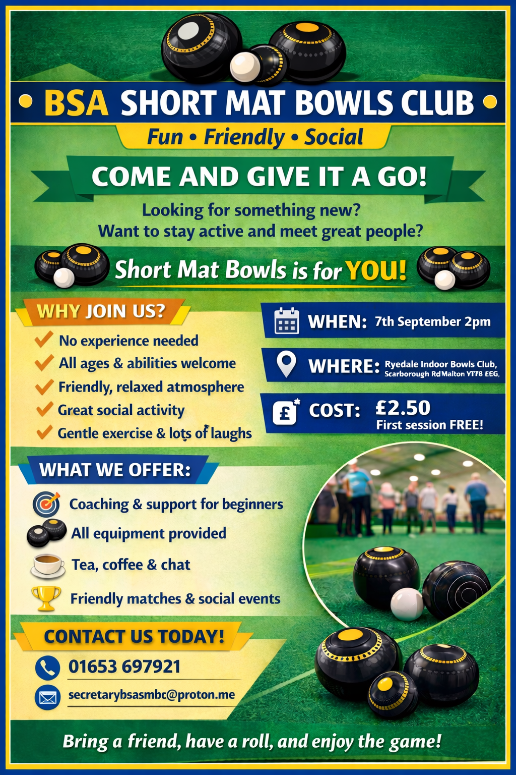 Ryedale Indoor Bowls Club. Short Mat Bowls  (BSA) Home