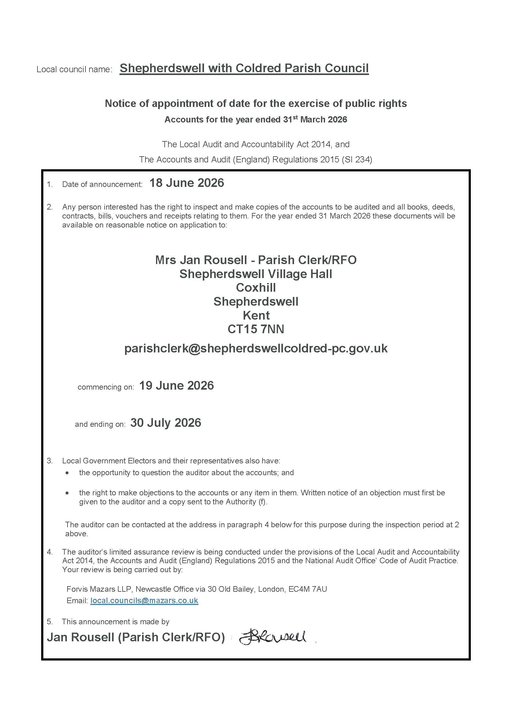 Shepherdswell with Coldred Parish Council Finance