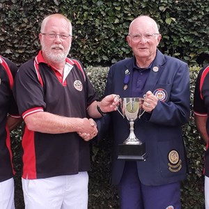 Men's Triples Winners Bryan Cherry, Dave Brown, Tony Hall, with P&D President