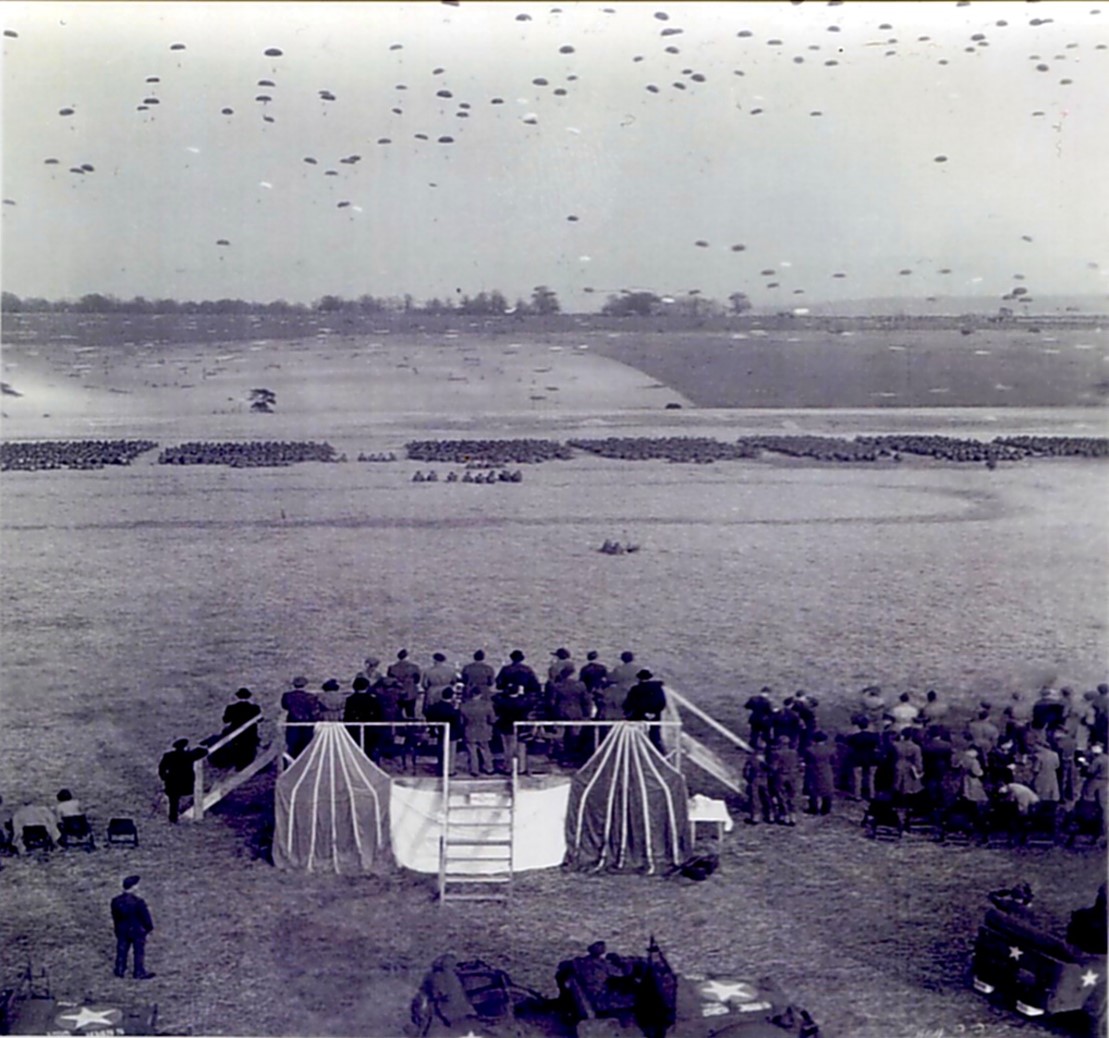 The big air drop in March 1944, watched by Churchill, Eisenhower and the top brass of the military looking East from the Welford base side of the Boxford Road