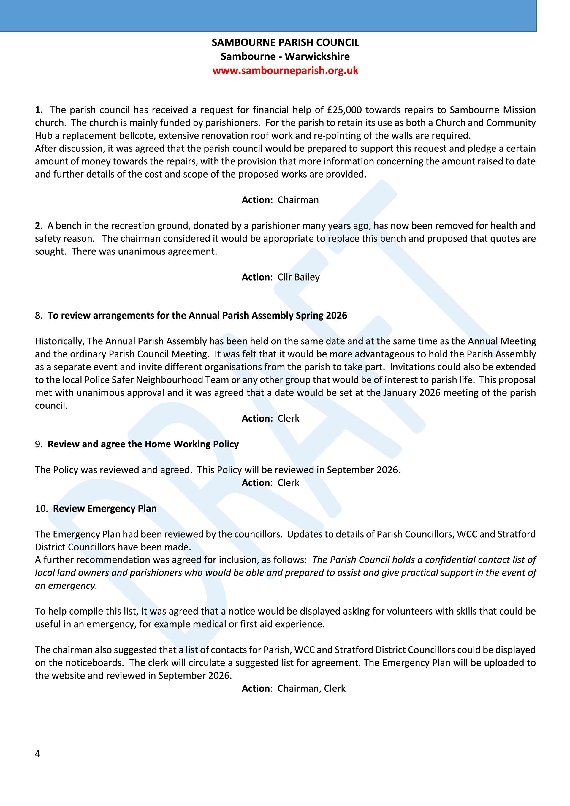 Sambourne Parish Council July 2025 to present