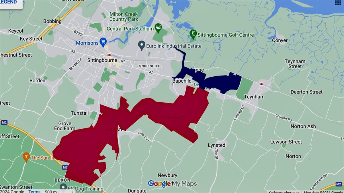 This map indicates the approximate area covered by the Highsted Park planning applications. This map indicates the approximate area covered by the Highsted Park planning applications.