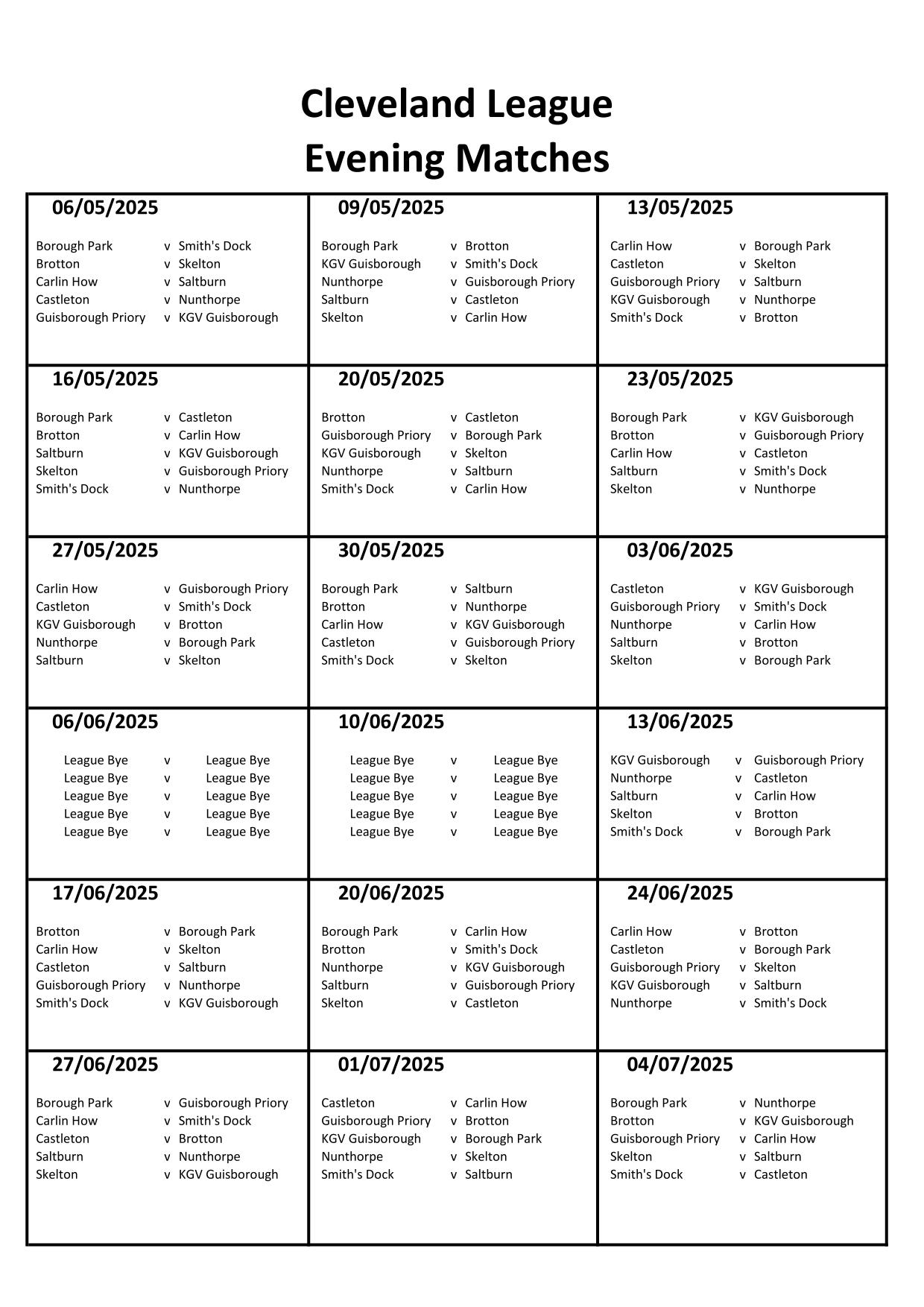 CLEVELAND BOWLS LEAGUE 1921 Evening Fixtures for 2024