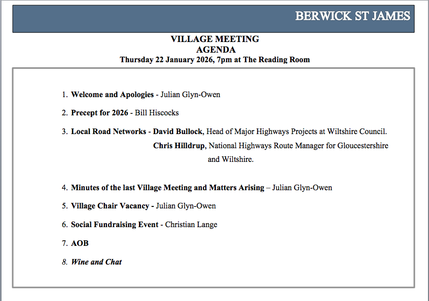 Berwick St James Parish Village Meeting - 22 Thursday Jan '26