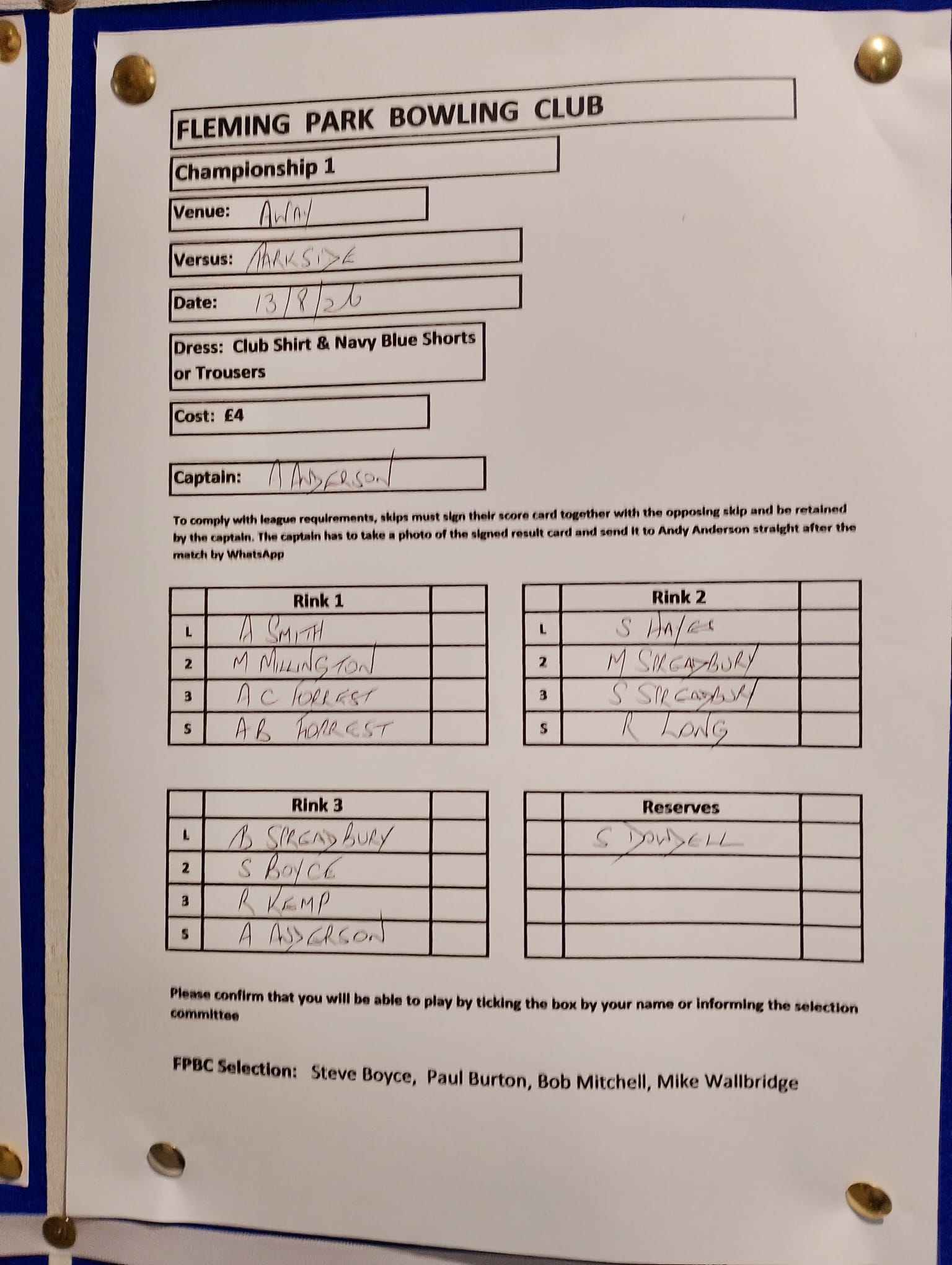 Championship 1 Thursday 13th August