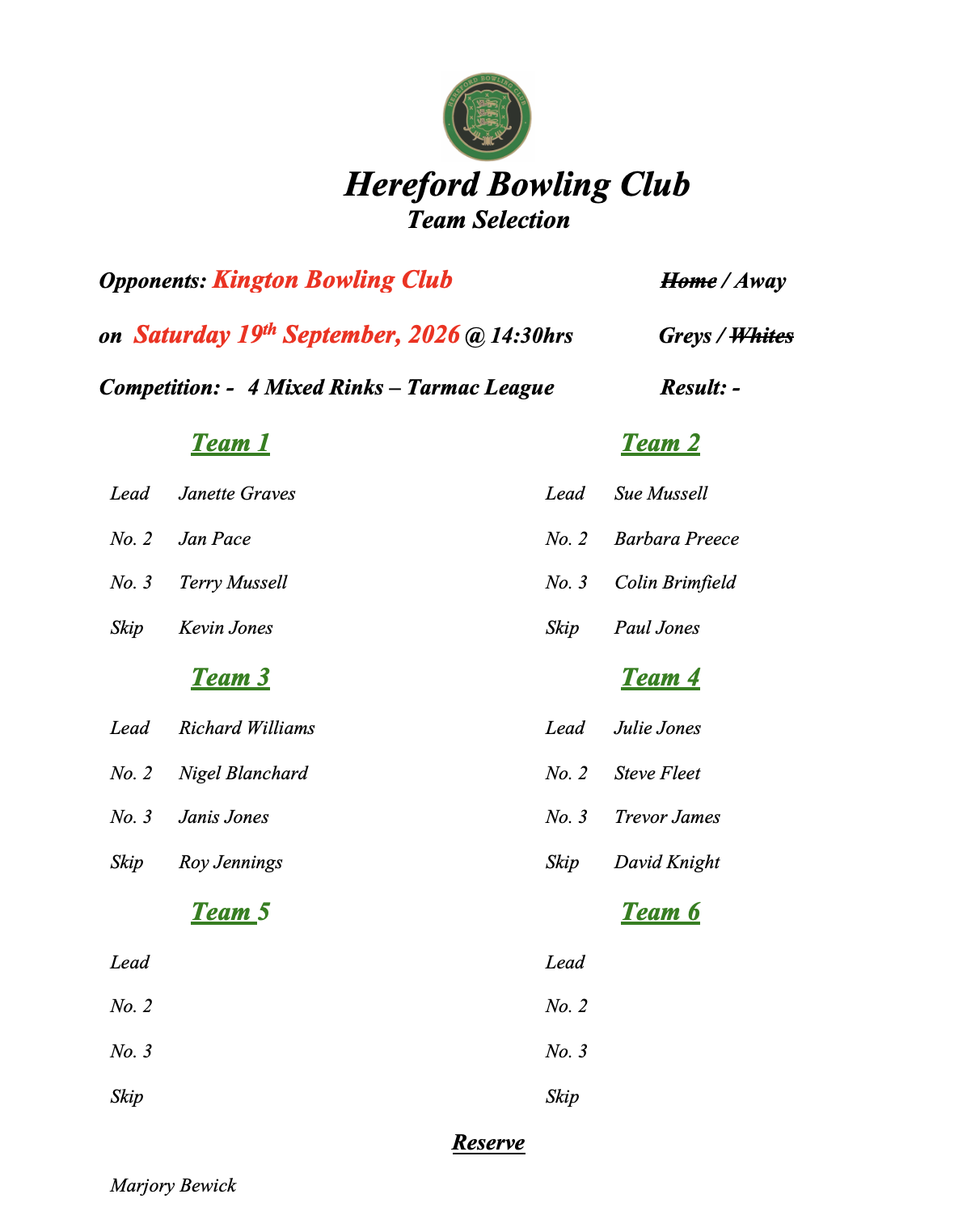 Hereford Bowling Club Kington - Tarmac League - 19/09/26