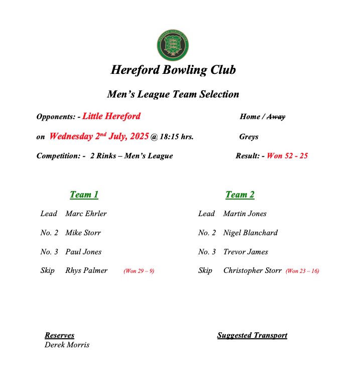 Hereford Bowling Club Little Hereford - Men League - 02/07/25