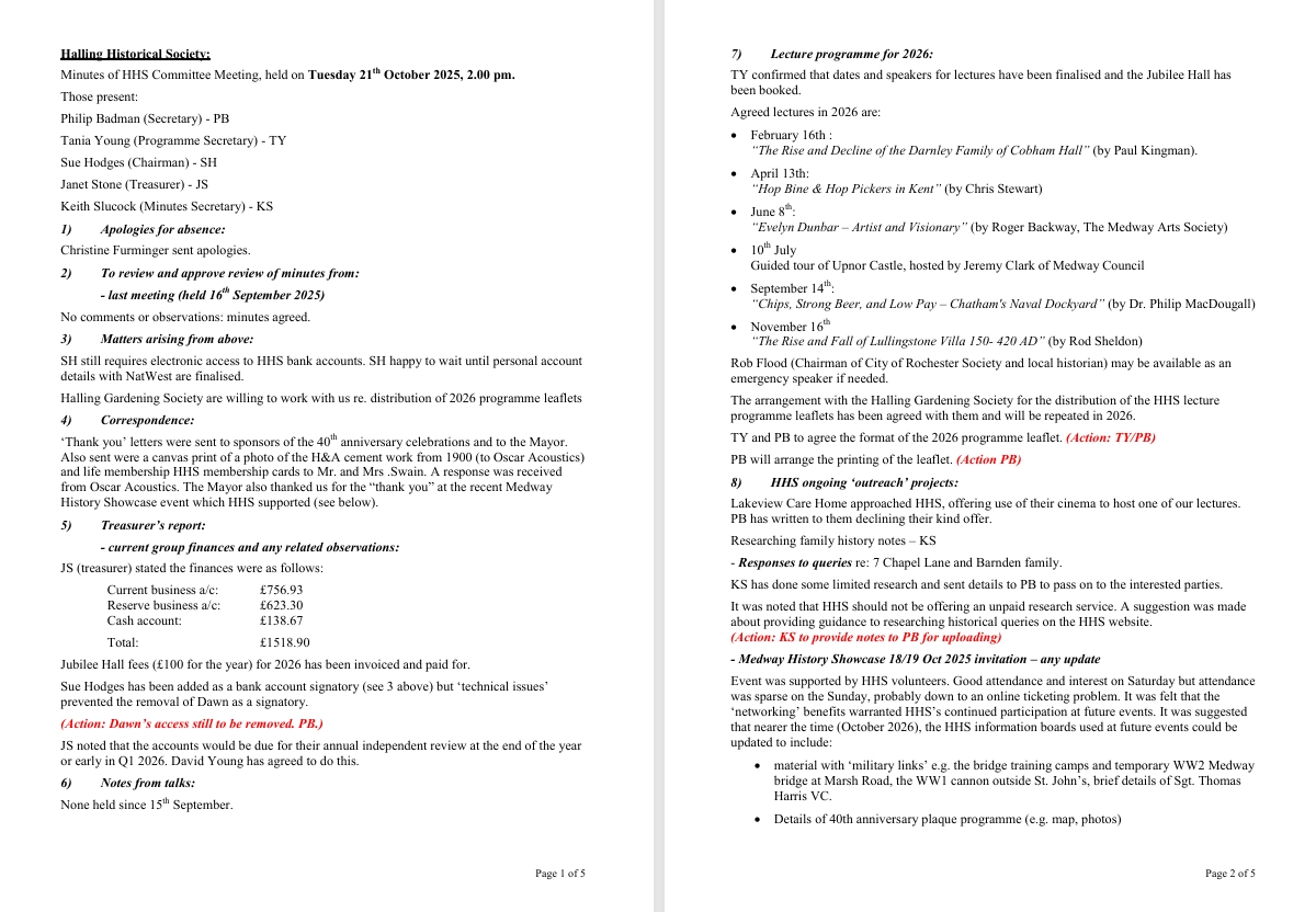 Halling Historical Society Previous meeting minutes (approved)