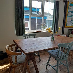 New refurbished table - sanded and waxed by Barry, to go with upcycled chairs painted by Angela.