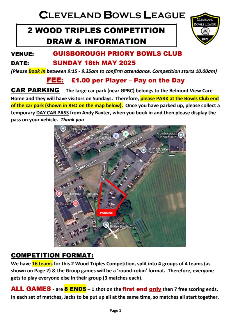 CLEVELAND BOWLS LEAGUE 1921 Latest Competition Draw
