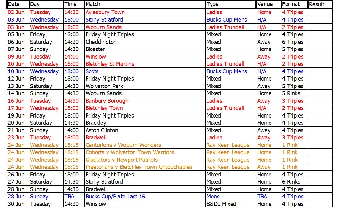 Buckingham West End Bowls Club 2006 June Fixtures