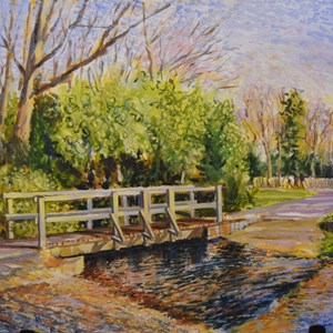 Bridge over Plantsbrook, Sutton Park, acrylic  on canvas by Keith Wilkins