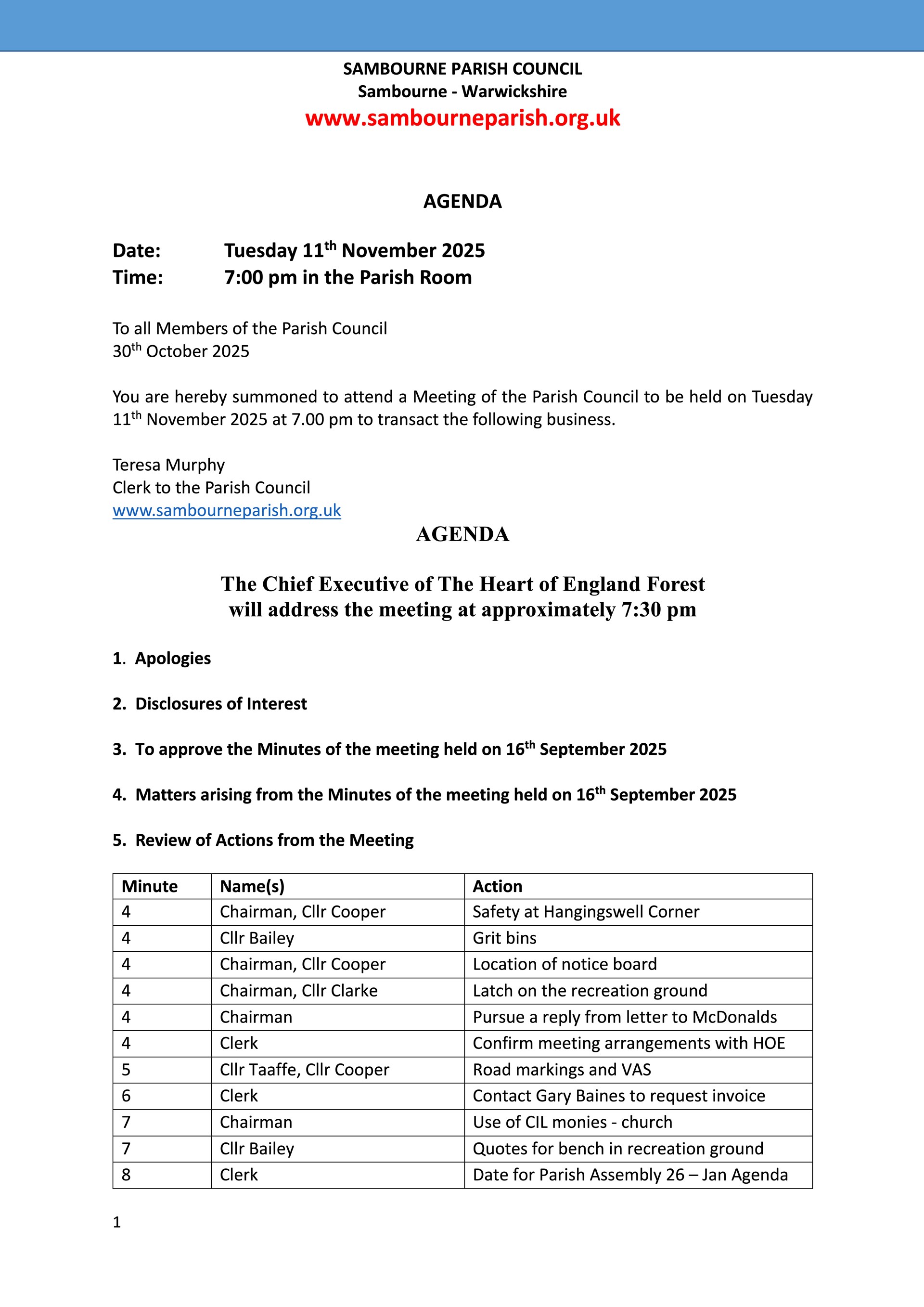 Sambourne Parish Council Agendas