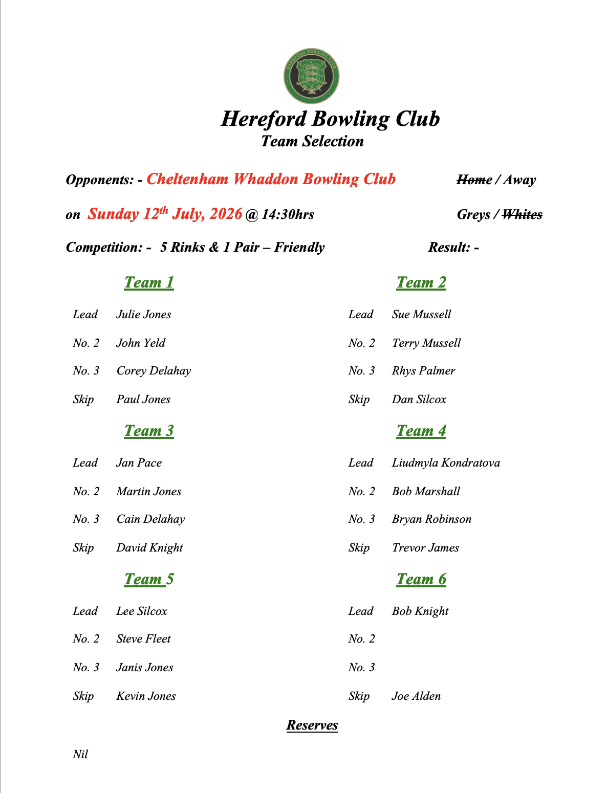 Hereford Bowling Club Cheltenham - Friendly - 12/07/26