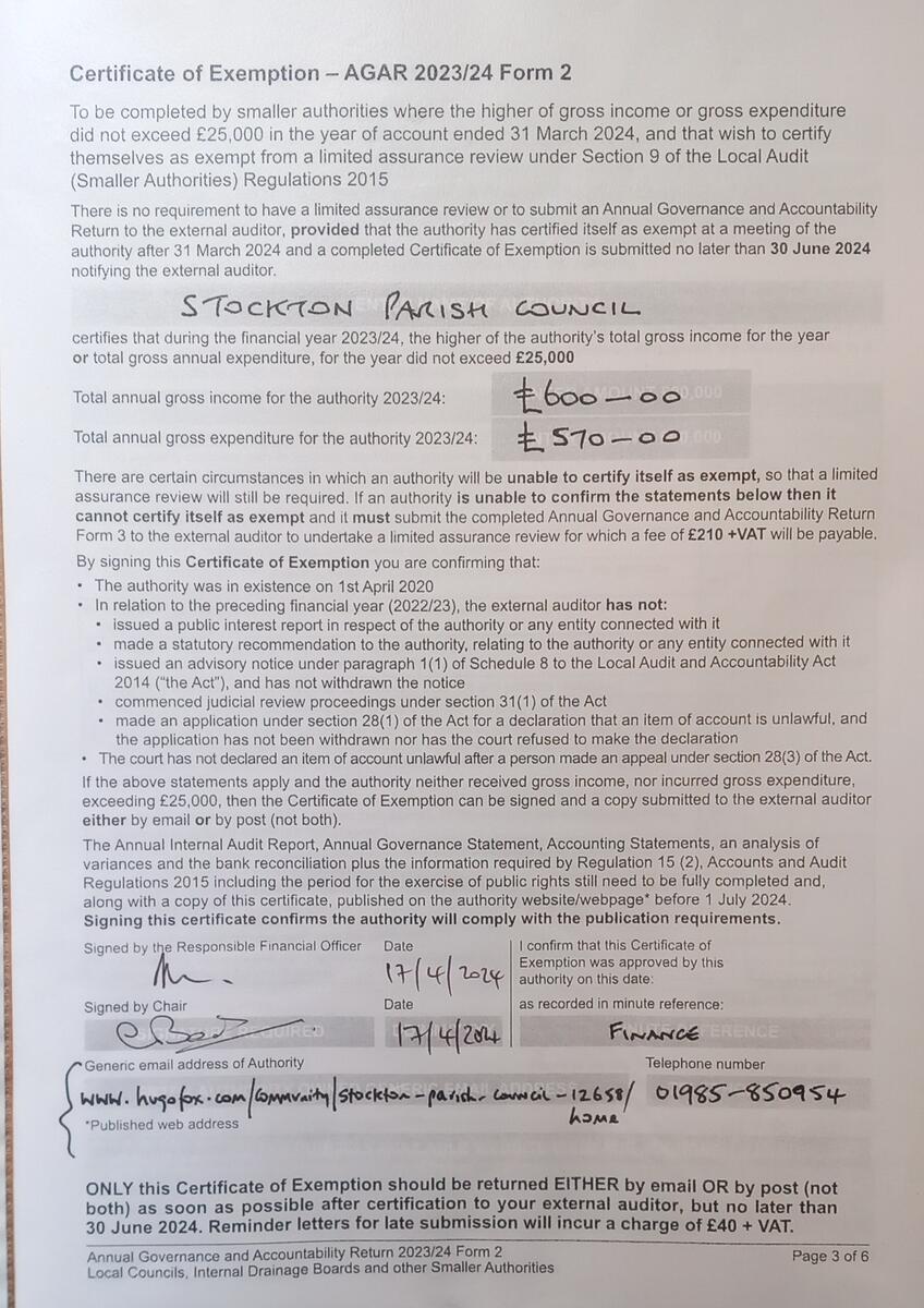 Stockton Parish Council AGAR 2023 - 2024