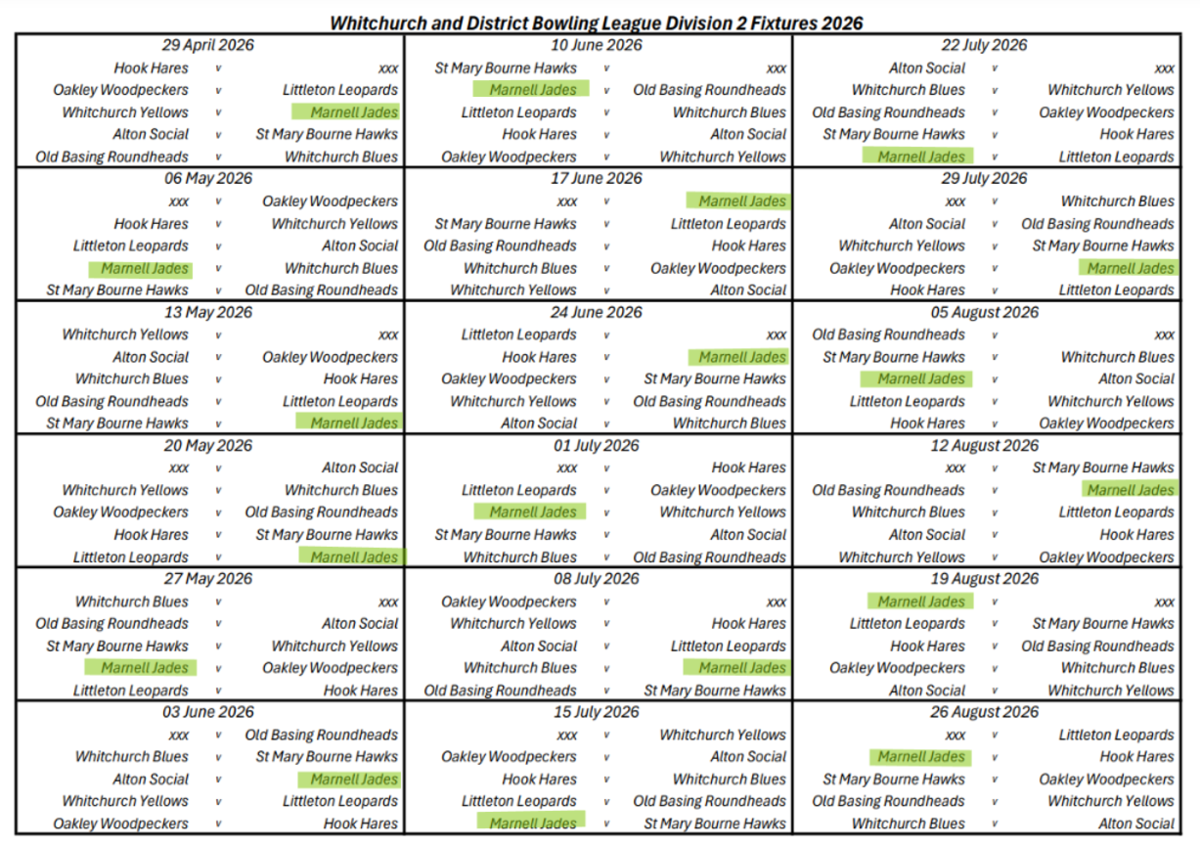 Wednesday (Jades) League Fixtures