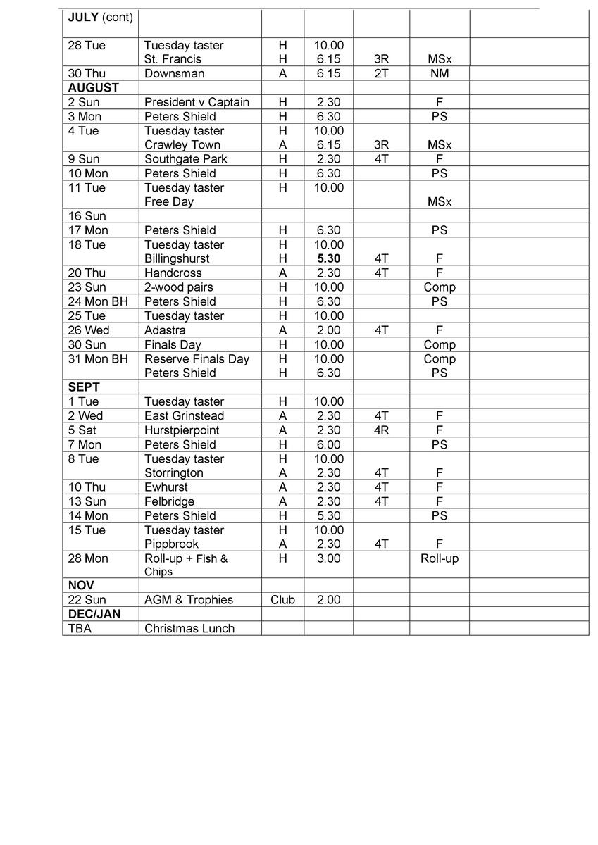 Horsham Park Bowls Club FIxture 2025