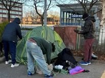 trying to pin the tent down on a car park as thats the only place they were allowed, so humbling