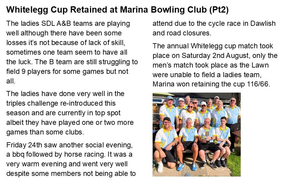 Marina Bowling Club Dawlish 2025 Press Items (July onwards)