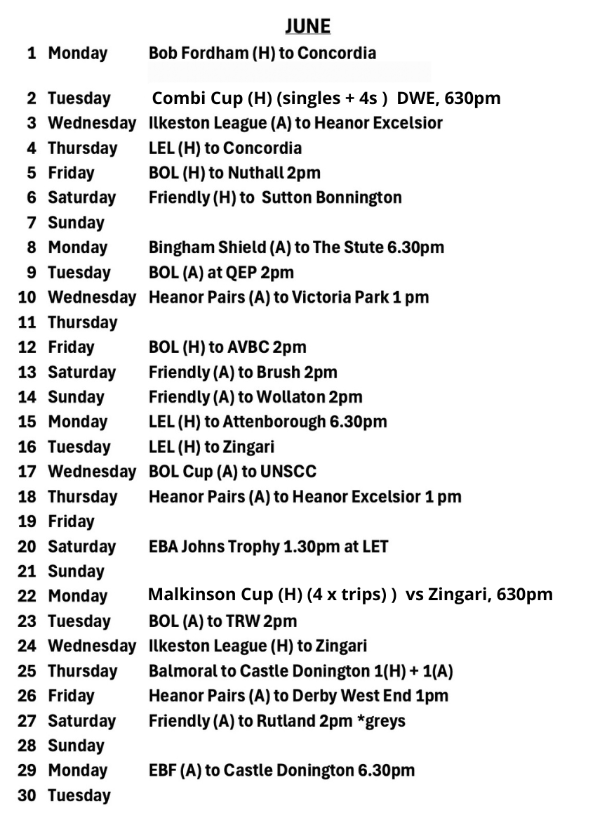 Long Eaton Town Bowls Club Fixtures Calendar