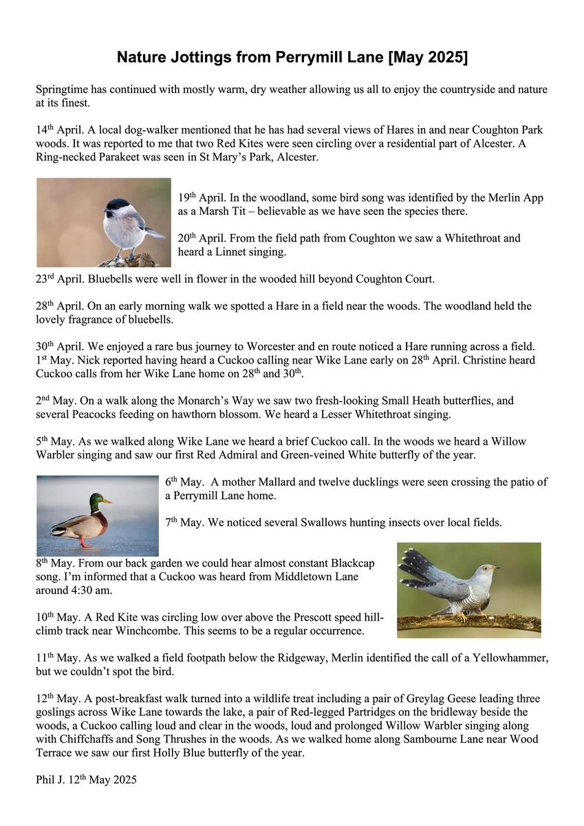 Sambourne Parish Council Wildlife sightings in Sambourne Parish