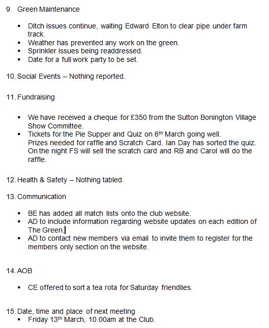 Sutton Bonington Bowls Club Committee Meeting Minutes