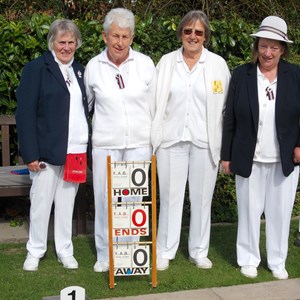 Ladies Championship Final: L-R marker Sheila Hussey, Elaine Creswell, Denise Judge, marker Helen Scott (President)