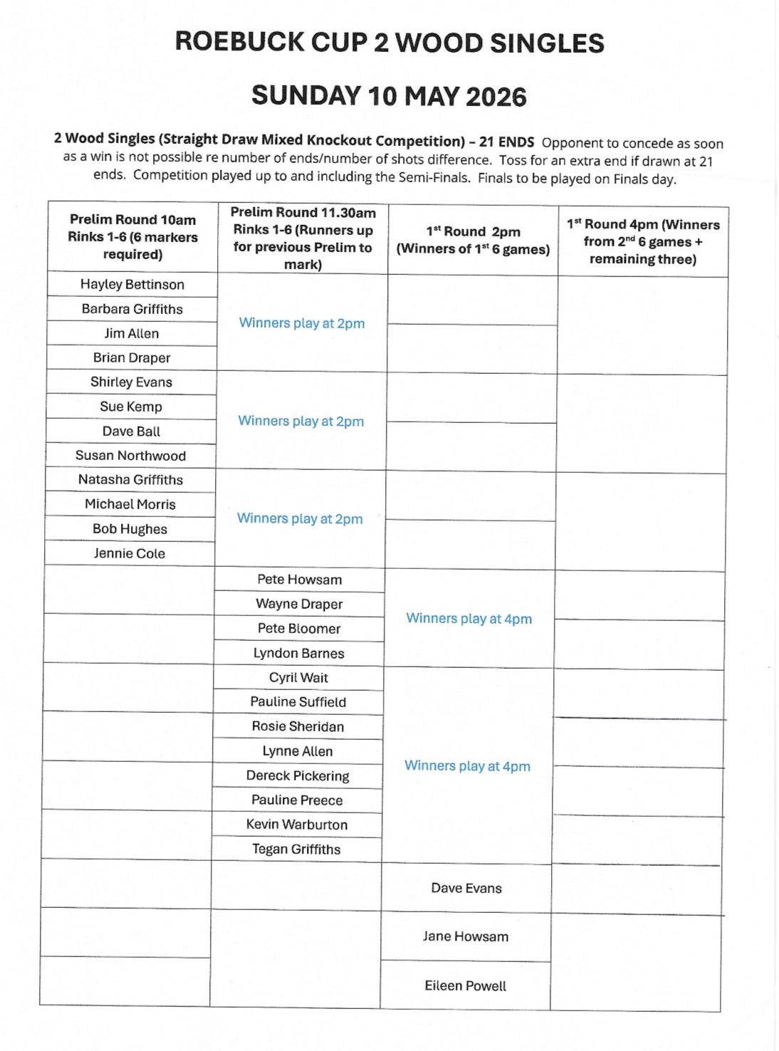 Brimfield and Little Hereford Bowling Club Draw for competitions