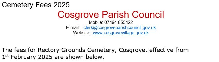 Cosgrove Village Cemetery fees 2025