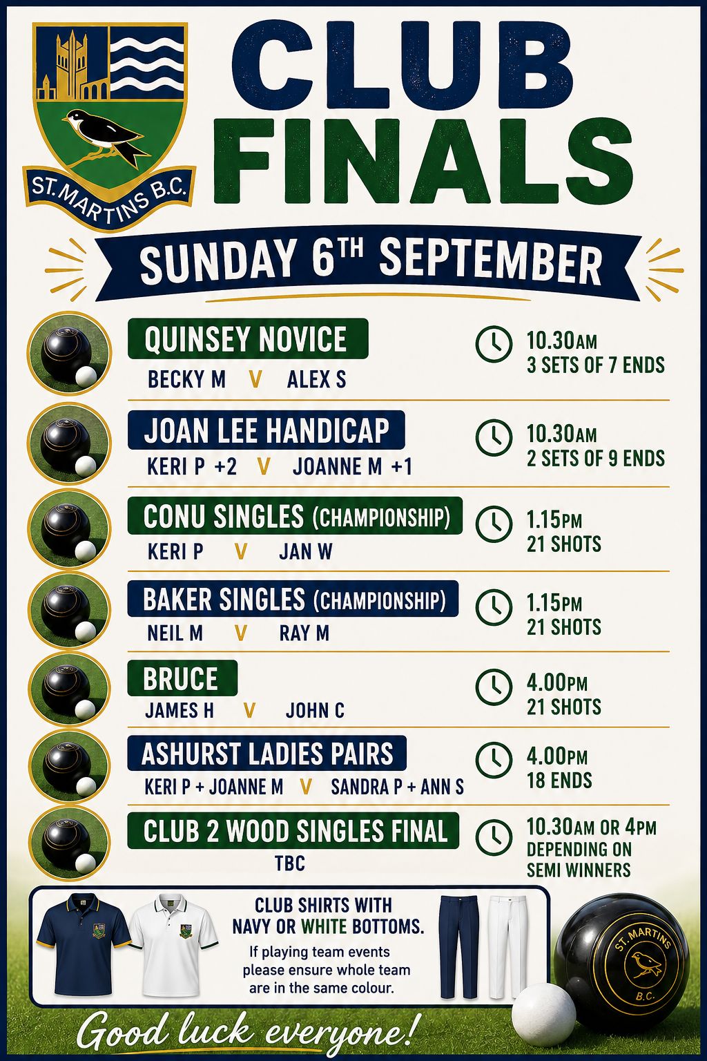 St Martin’s Bowls Club Club Finals 2026