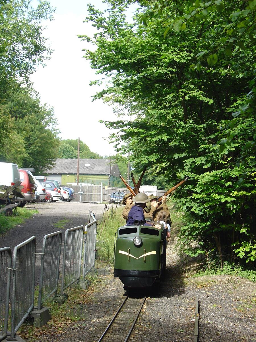 Martin P in Patricia propels a service up the steep incline during a War on the Line event. Looks like the train is under fire!