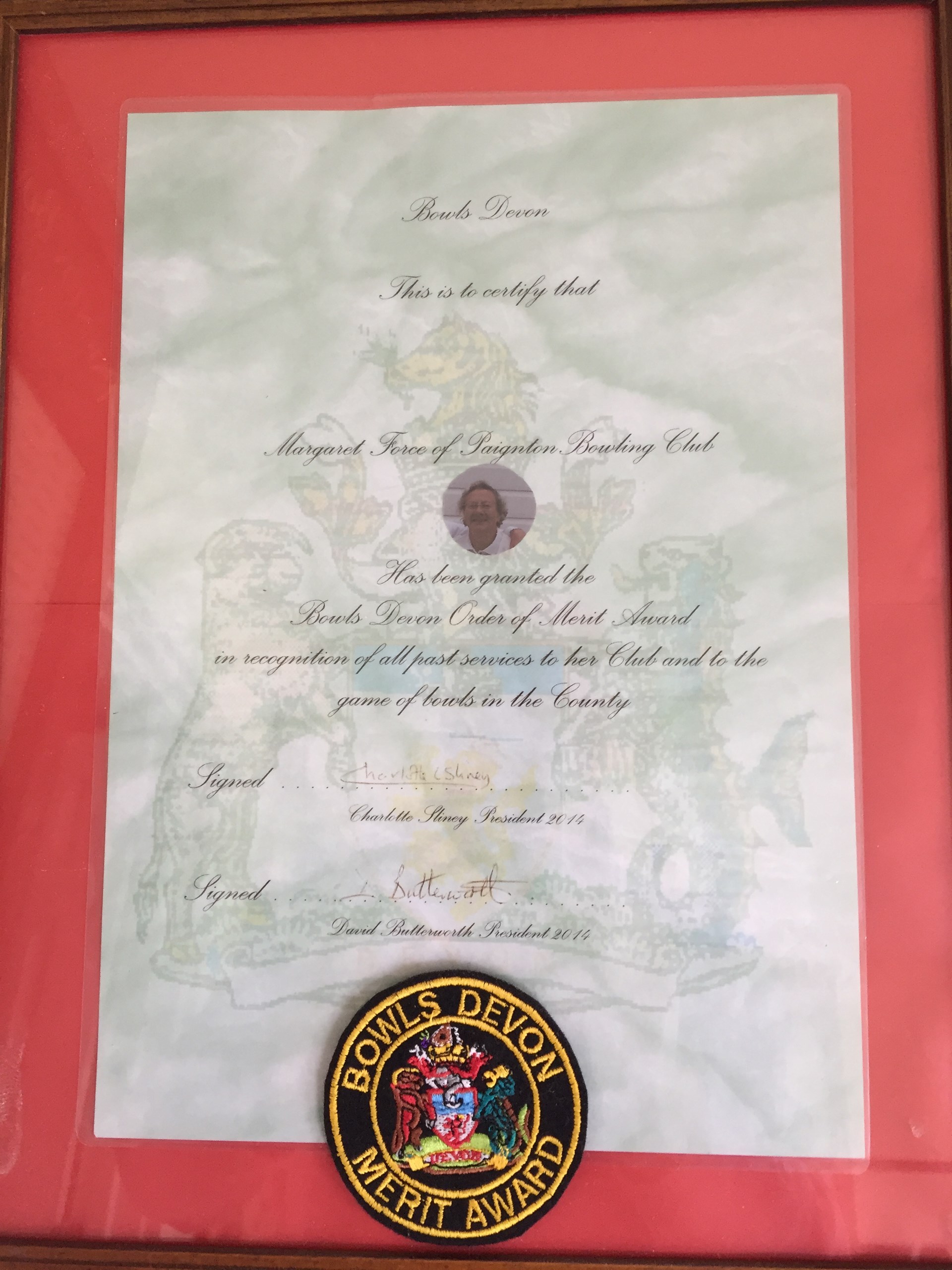 Paignton Bowling Club Margaret Force - Devon Order of Merit