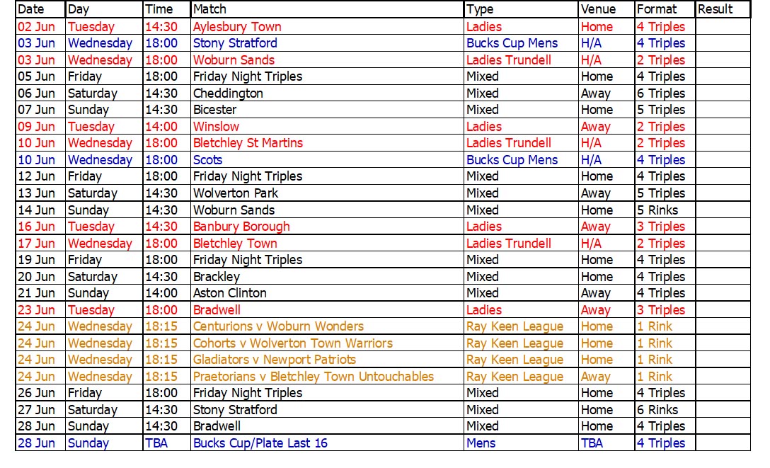 Buckingham West End Bowls Club 2006 June Fixtures