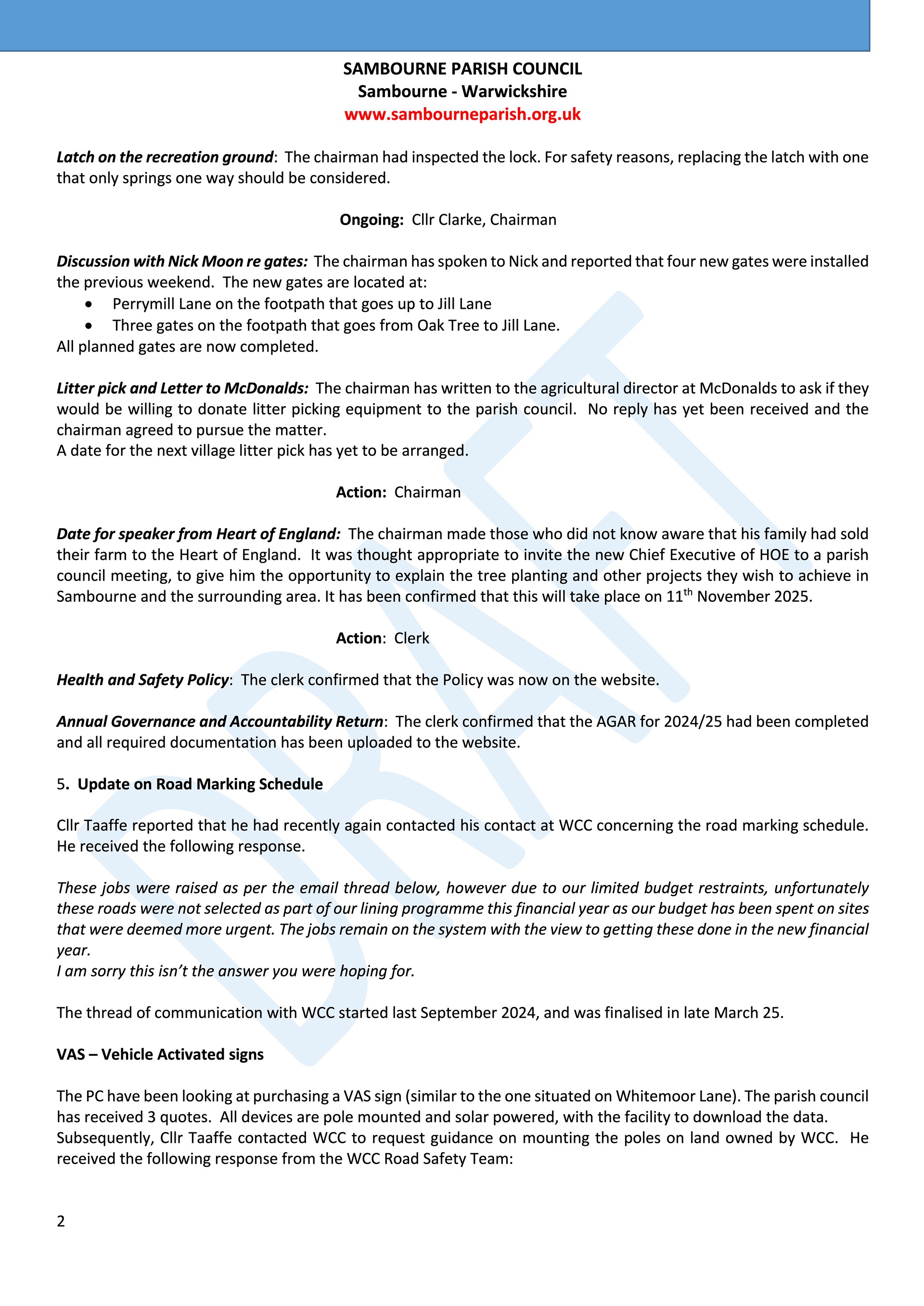 Sambourne Parish Council July 2025 to present