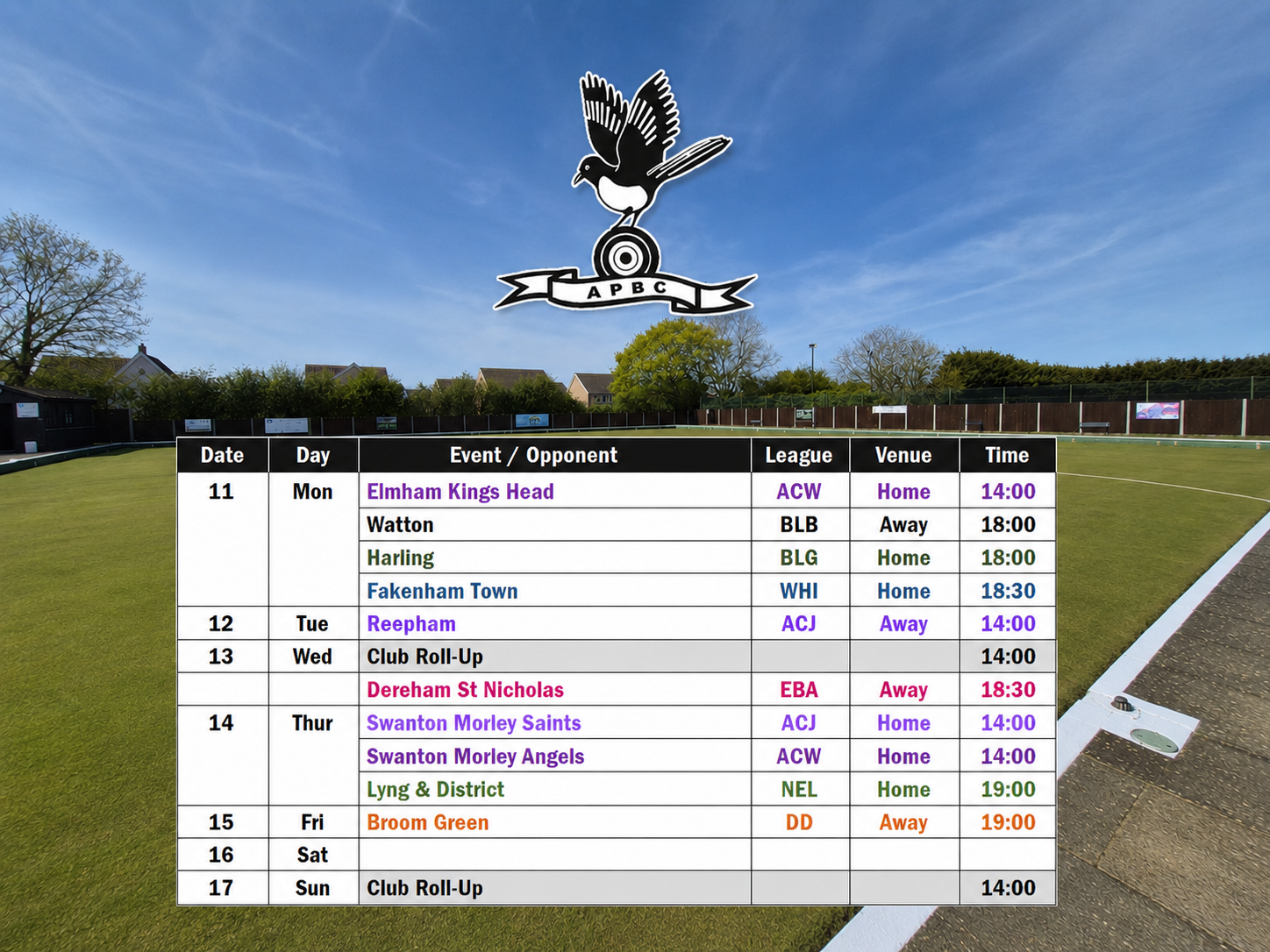 Fixtures for week beginning 11th May