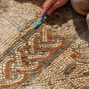 The story of the mosaic is revealed! Anthony Beeson saw the key to the puzzle when he saw a lynch pin in the mosaic. It seems that one object was the key to the discovery that the main mosaic panel was the mythical Greek story of Pelops.
