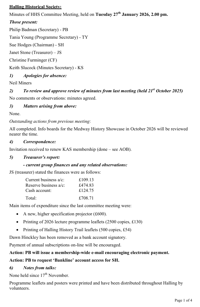 Halling Historical Society Most recent committee meeting (draft)