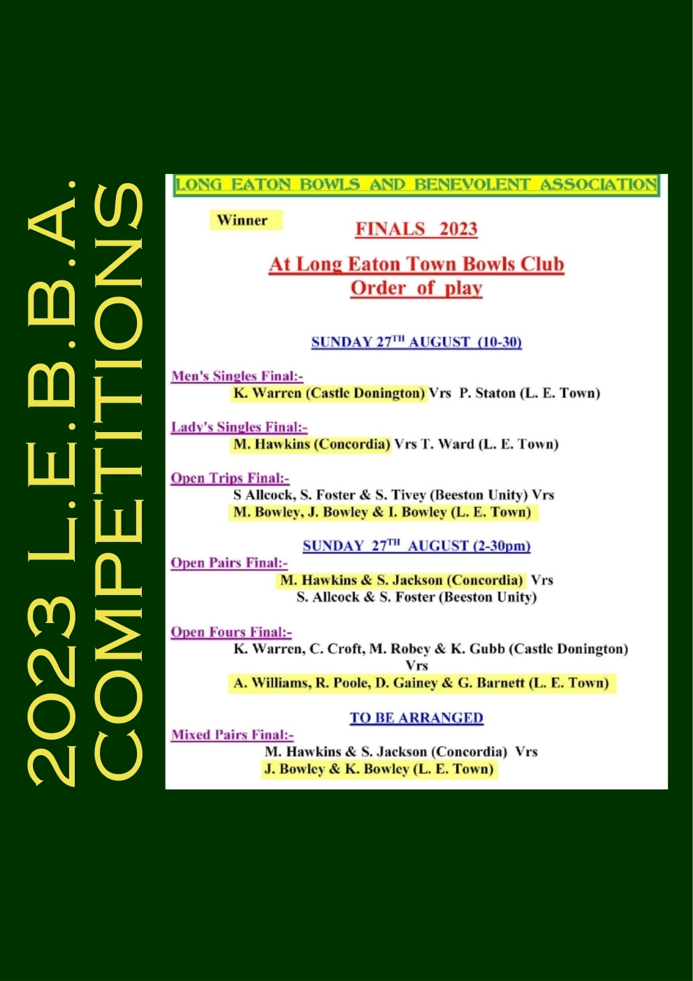 Long Eaton Town Bowls Club Outdoor 2023