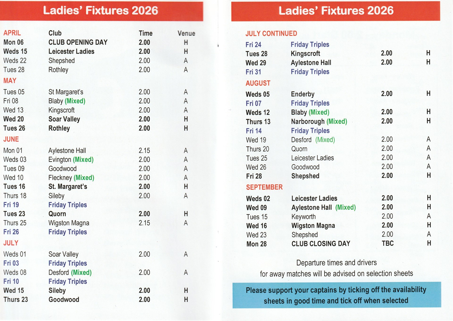 Birstall Bowling Club Ladies Fixtures